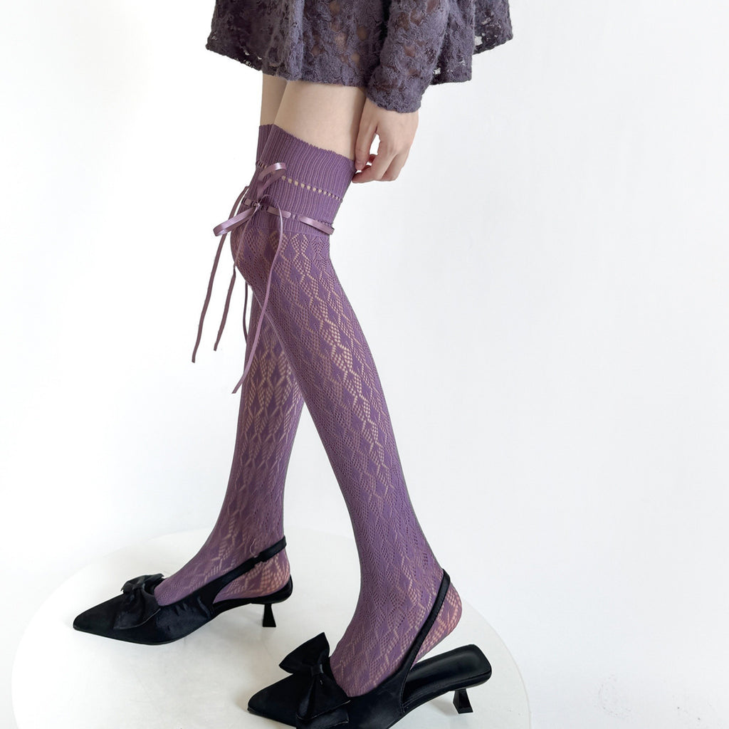 Anna-Kaci Women's Over-the-Knee Knit Socks with Diamond Pattern and Ribbon Bow Detail