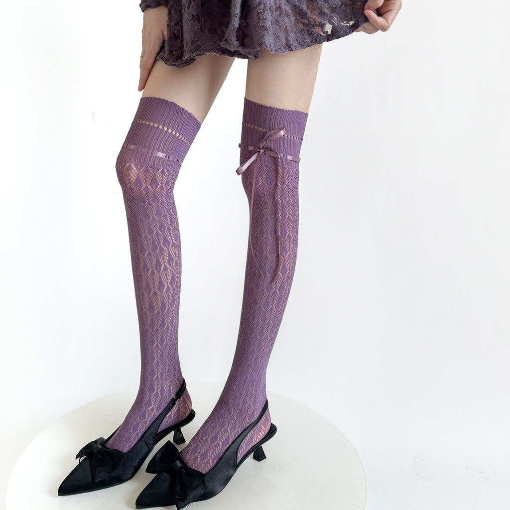 Anna-Kaci Women's Over-the-Knee Knit Socks with Diamond Pattern and Ribbon Bow Detail