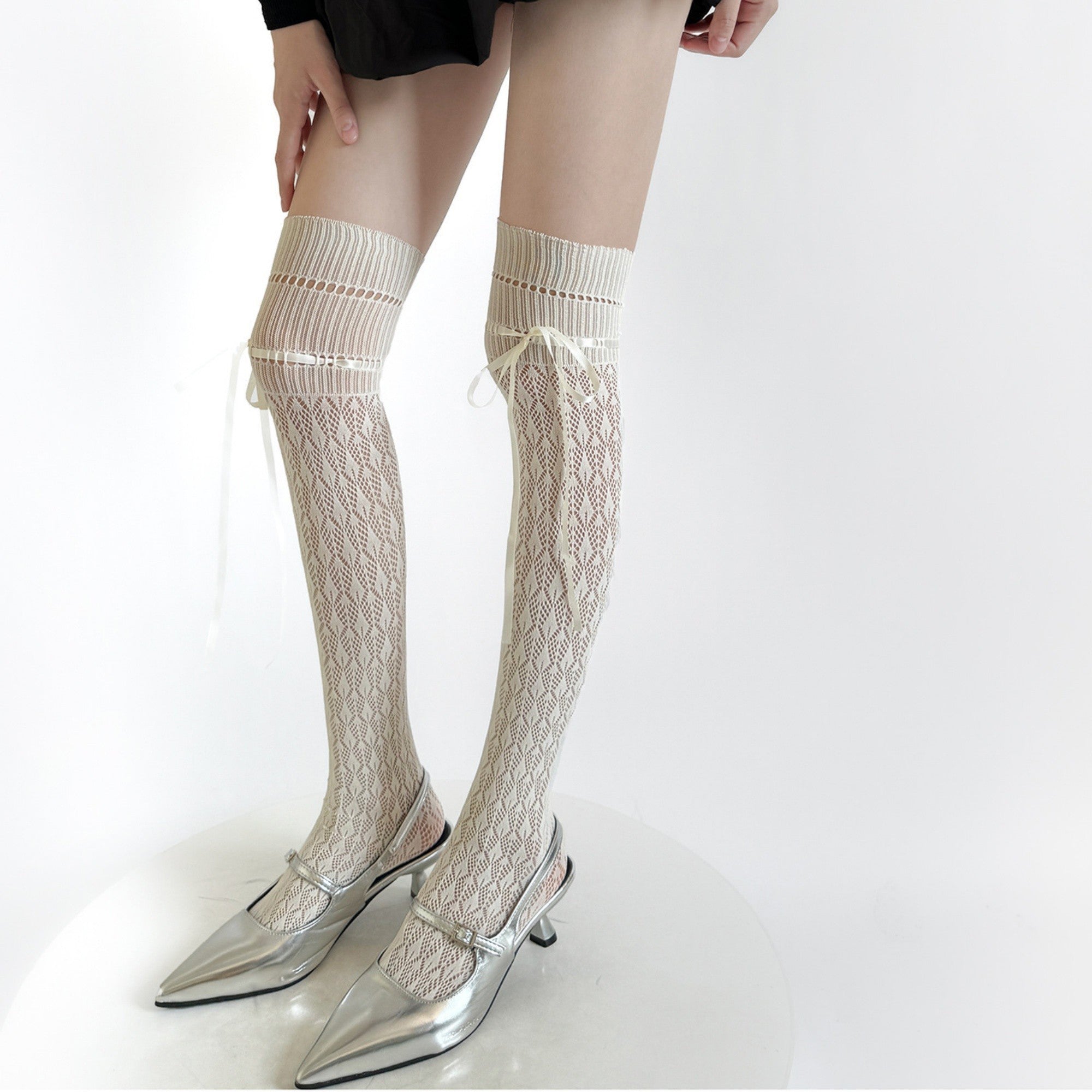 Anna-Kaci Women's Over-the-Knee Knit Socks with Diamond Pattern and Ribbon Bow Detail
