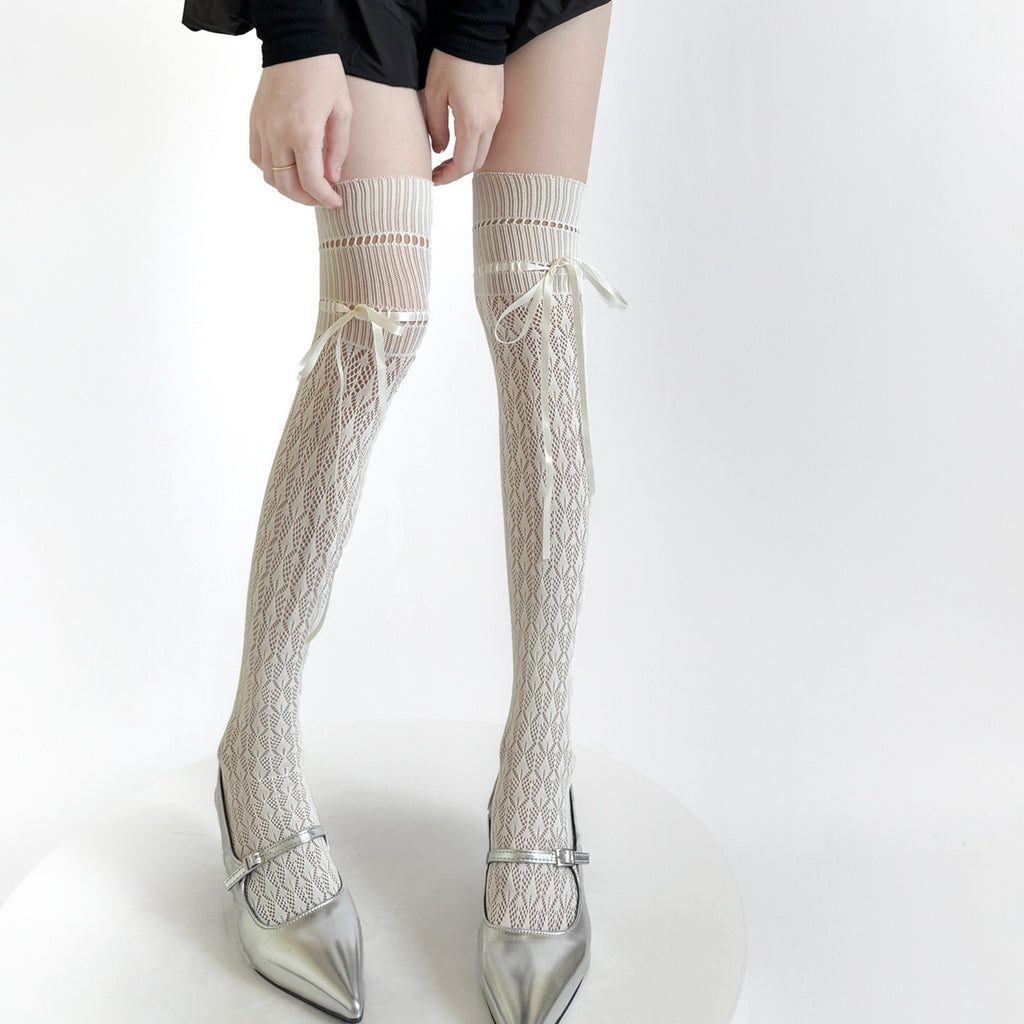 Anna-Kaci Women's Over-the-Knee Knit Socks with Diamond Pattern and Ribbon Bow Detail