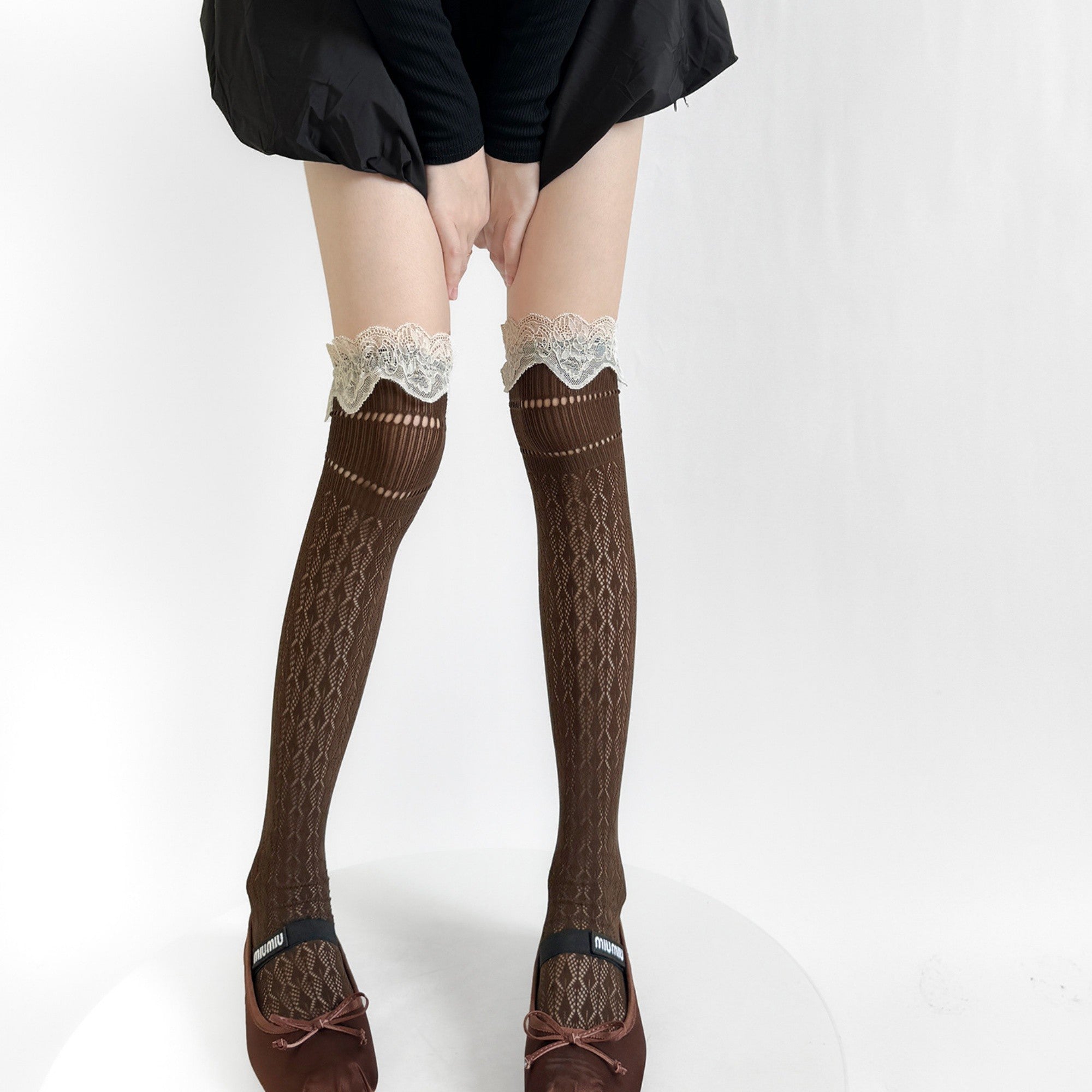 Anna-Kaci Women's Over-the-Knee Lace Top Patterned Knit Socks with Delicate Scalloped Trim