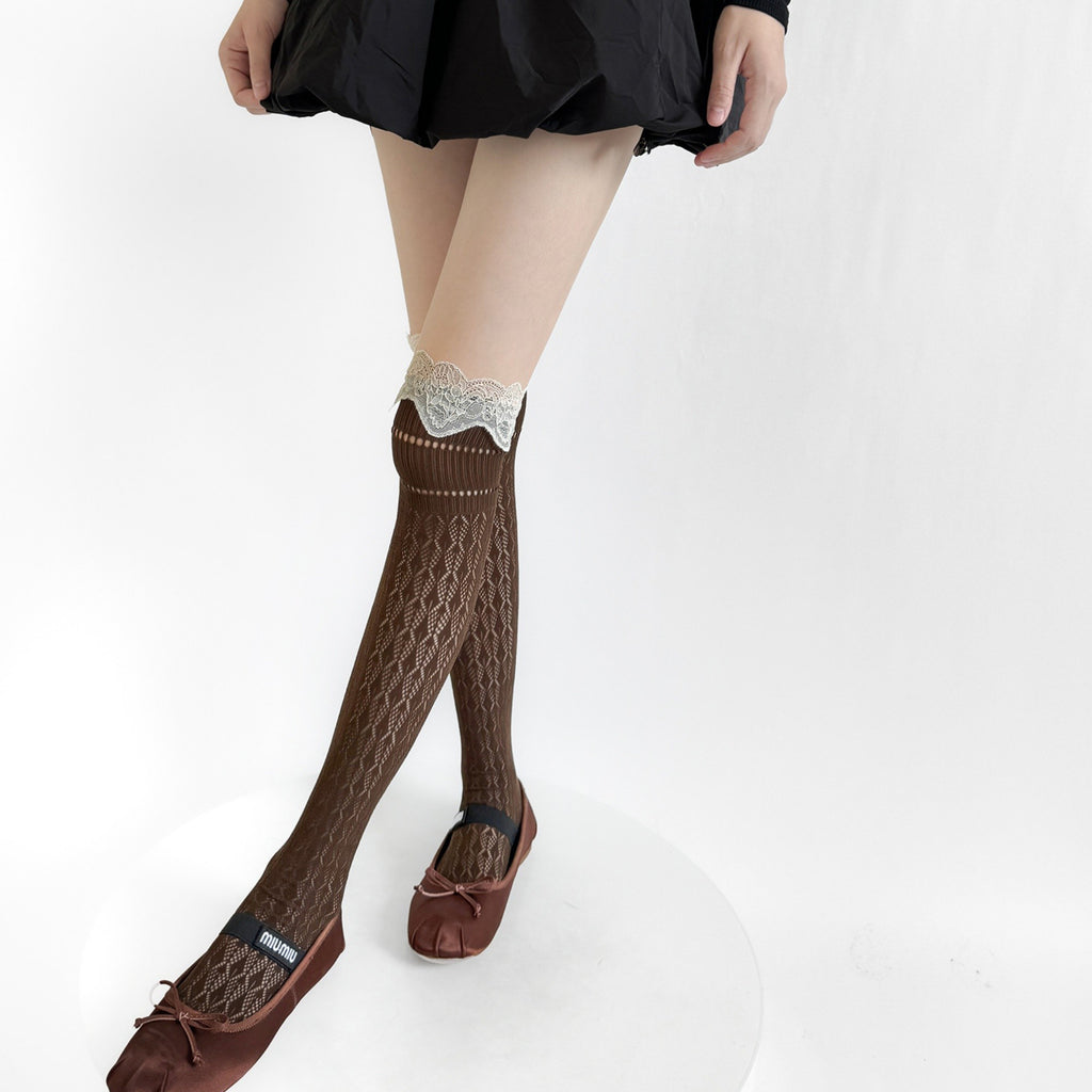 Anna-Kaci Women's Over-the-Knee Lace Top Patterned Knit Socks with Delicate Scalloped Trim