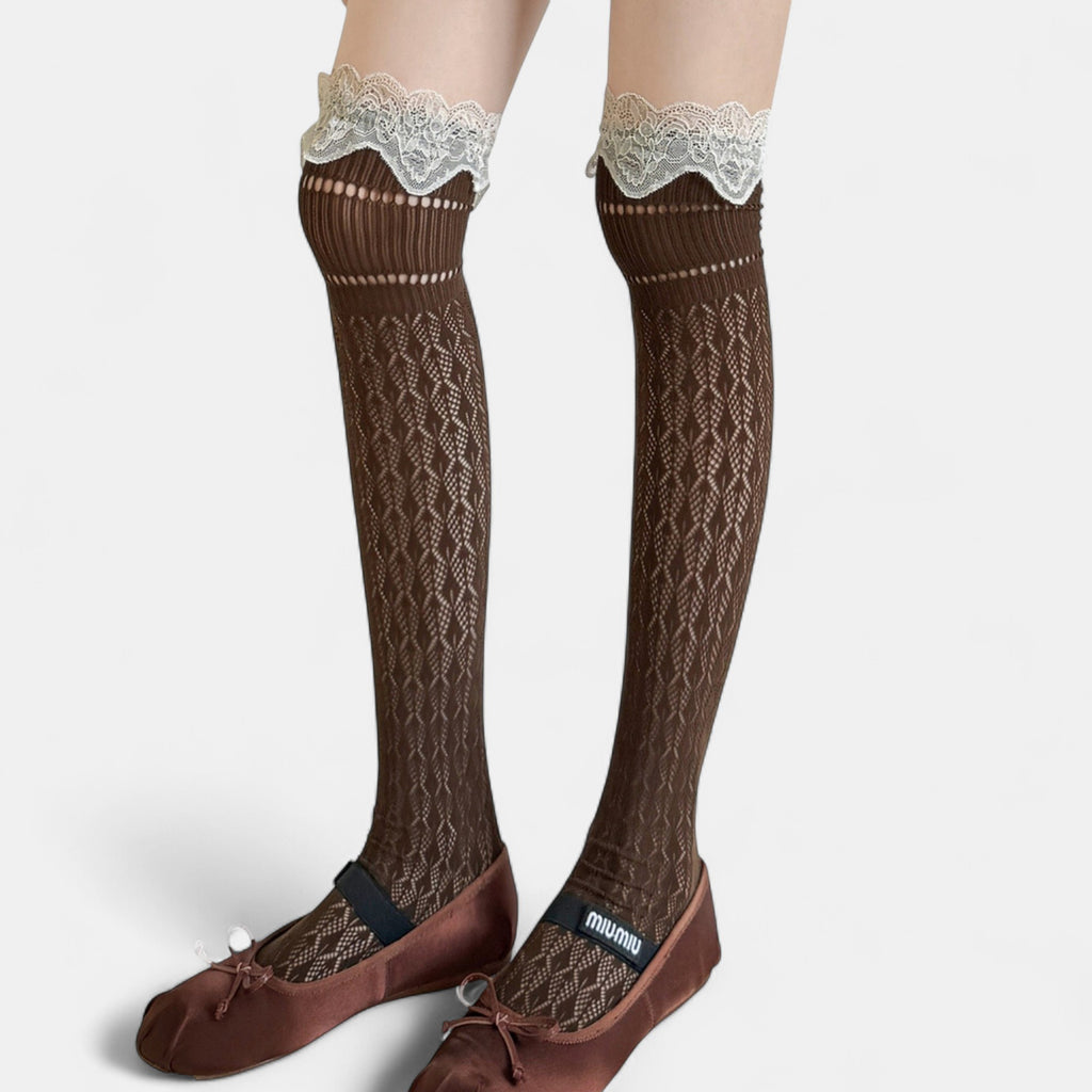Anna-Kaci Women's Over-the-Knee Lace Top Patterned Knit Socks with Delicate Scalloped Trim