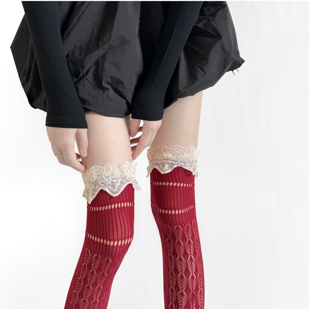 Anna-Kaci Women's Over-the-Knee Lace Top Patterned Knit Socks with Delicate Scalloped Trim