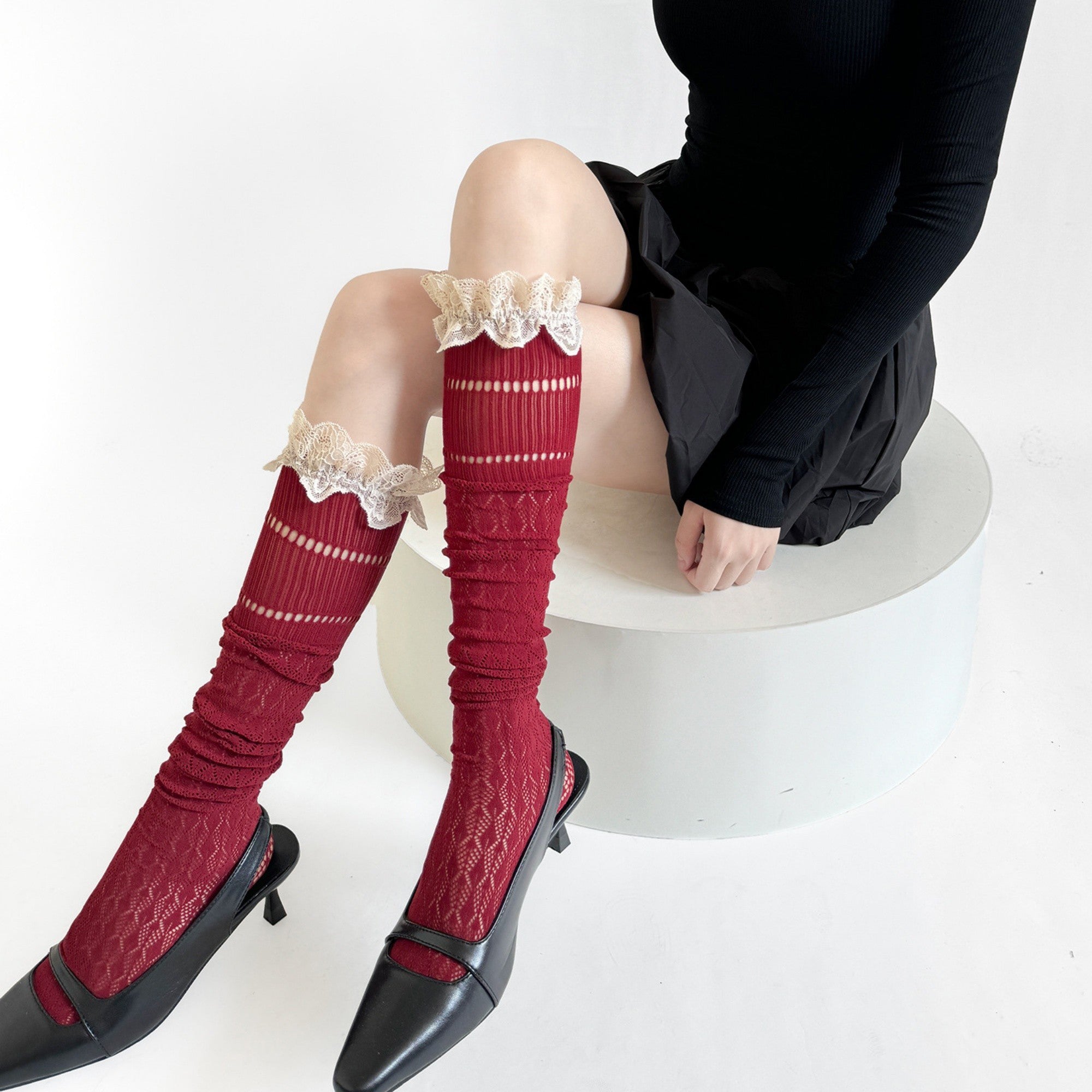 Anna-Kaci Women's Over-the-Knee Lace Top Patterned Knit Socks with Delicate Scalloped Trim