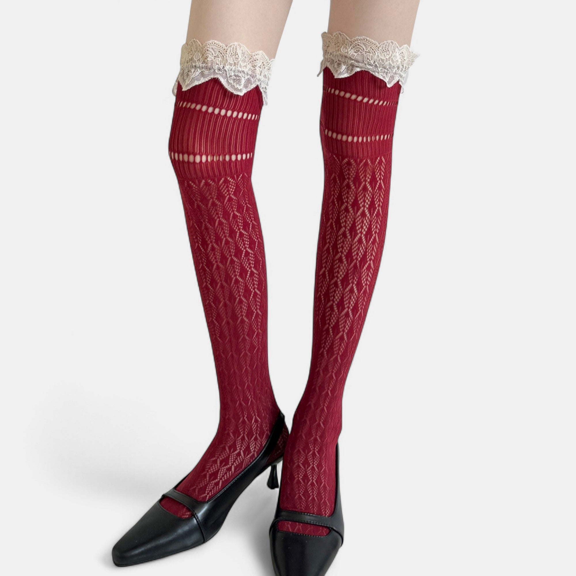 Anna-Kaci Women's Over-the-Knee Lace Top Patterned Knit Socks with Delicate Scalloped Trim