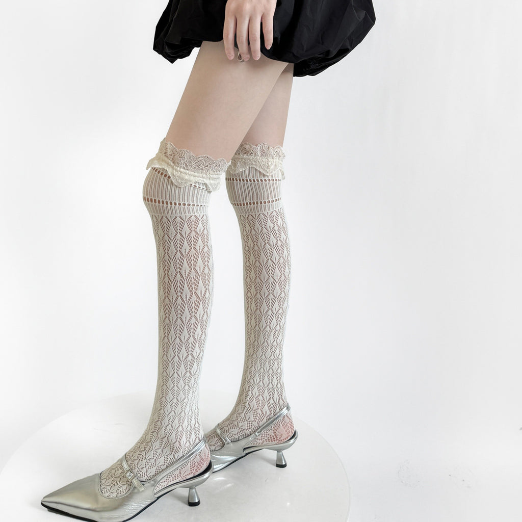 Anna-Kaci Women's Over-the-Knee Lace Top Patterned Knit Socks with Delicate Scalloped Trim