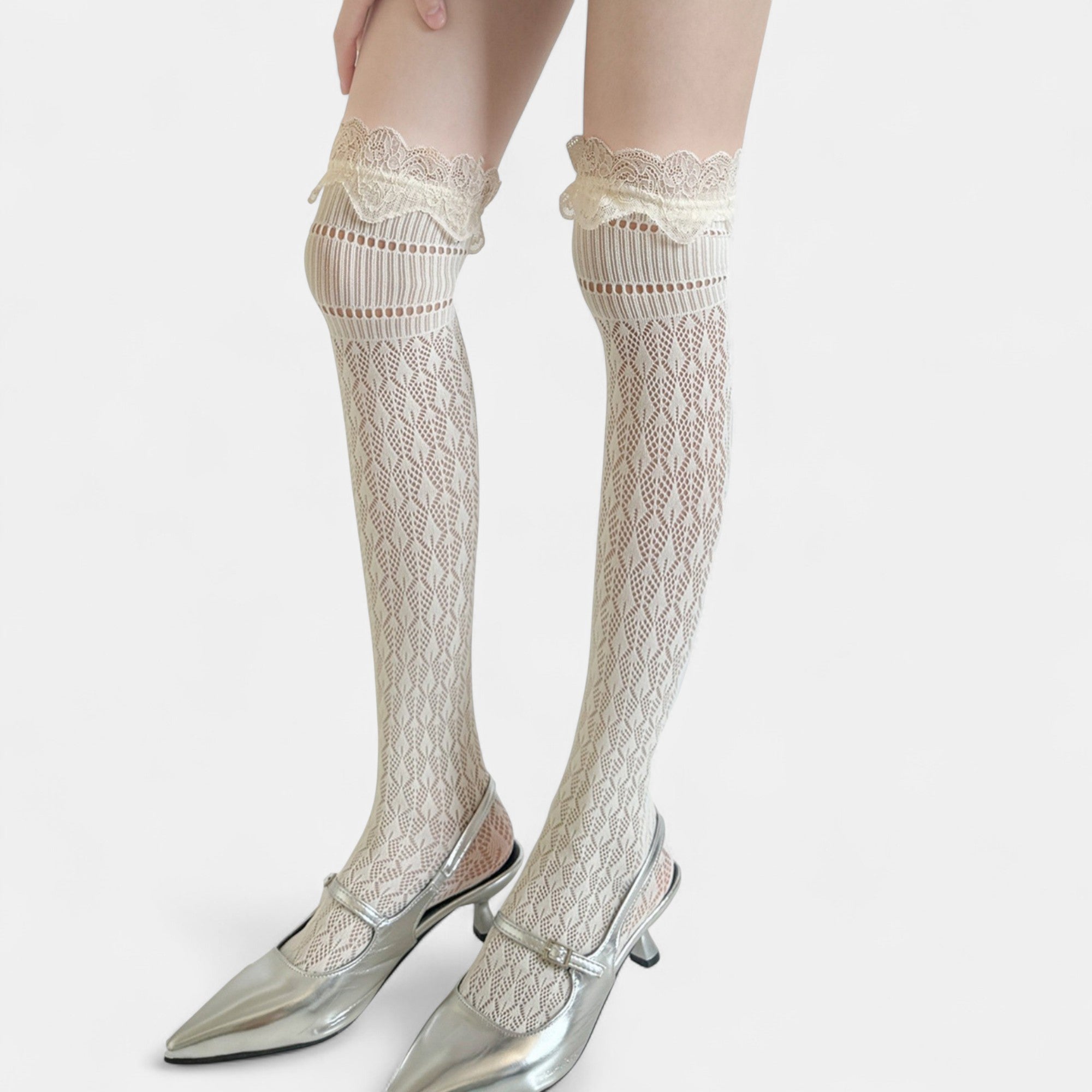 Anna-Kaci Women's Over-the-Knee Lace Top Patterned Knit Socks with Delicate Scalloped Trim