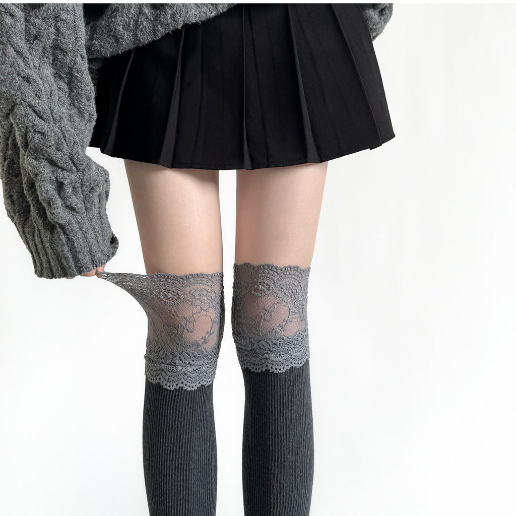 Anna-Kaci Women's Over-the-Knee Ribbed Knit Socks with Lace Trim Detail and Stretch Fit