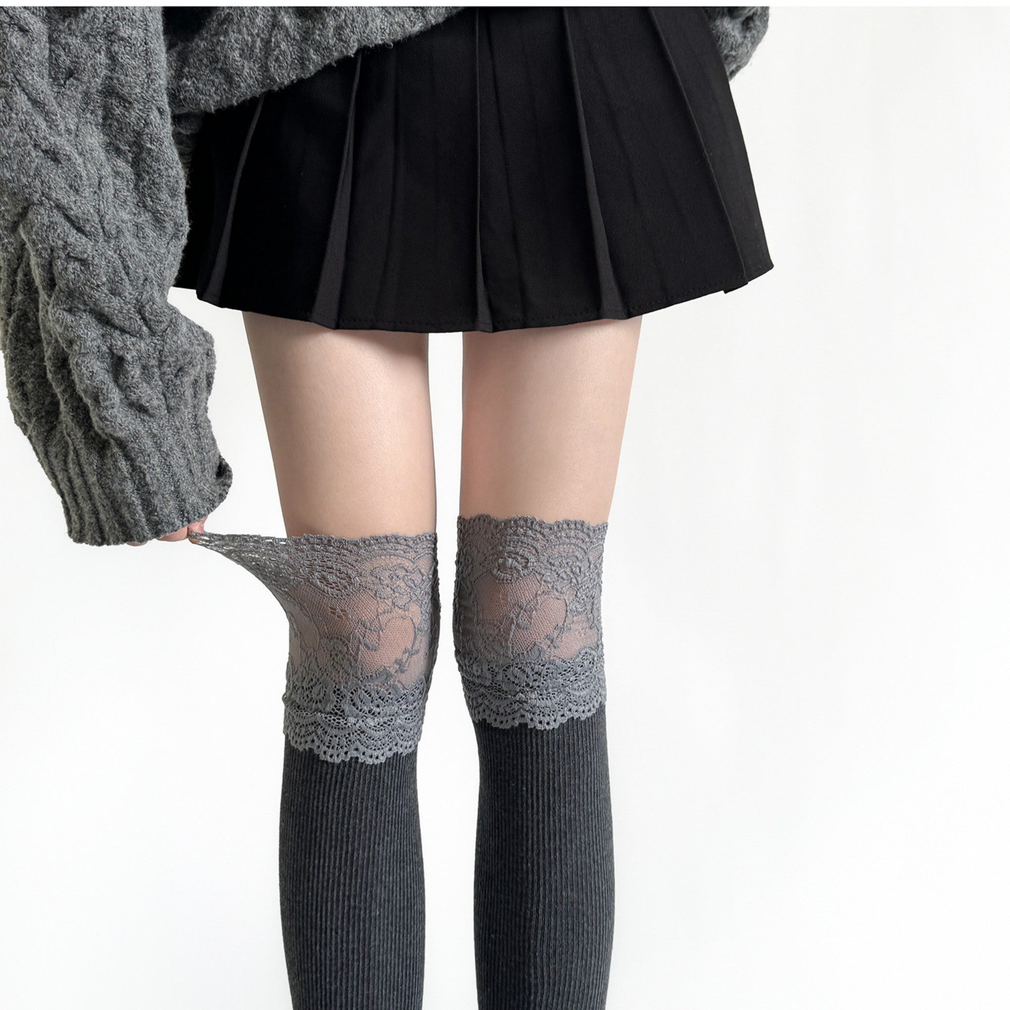Anna-Kaci Women's Over-the-Knee Ribbed Knit Socks with Lace Trim Detail and Stretch Fit