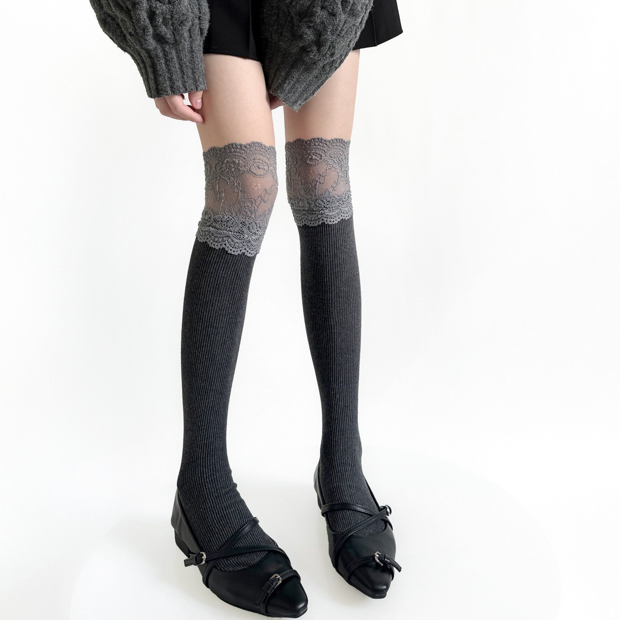 Anna-Kaci Women's Over-the-Knee Ribbed Knit Socks with Lace Trim Detail and Stretch Fit