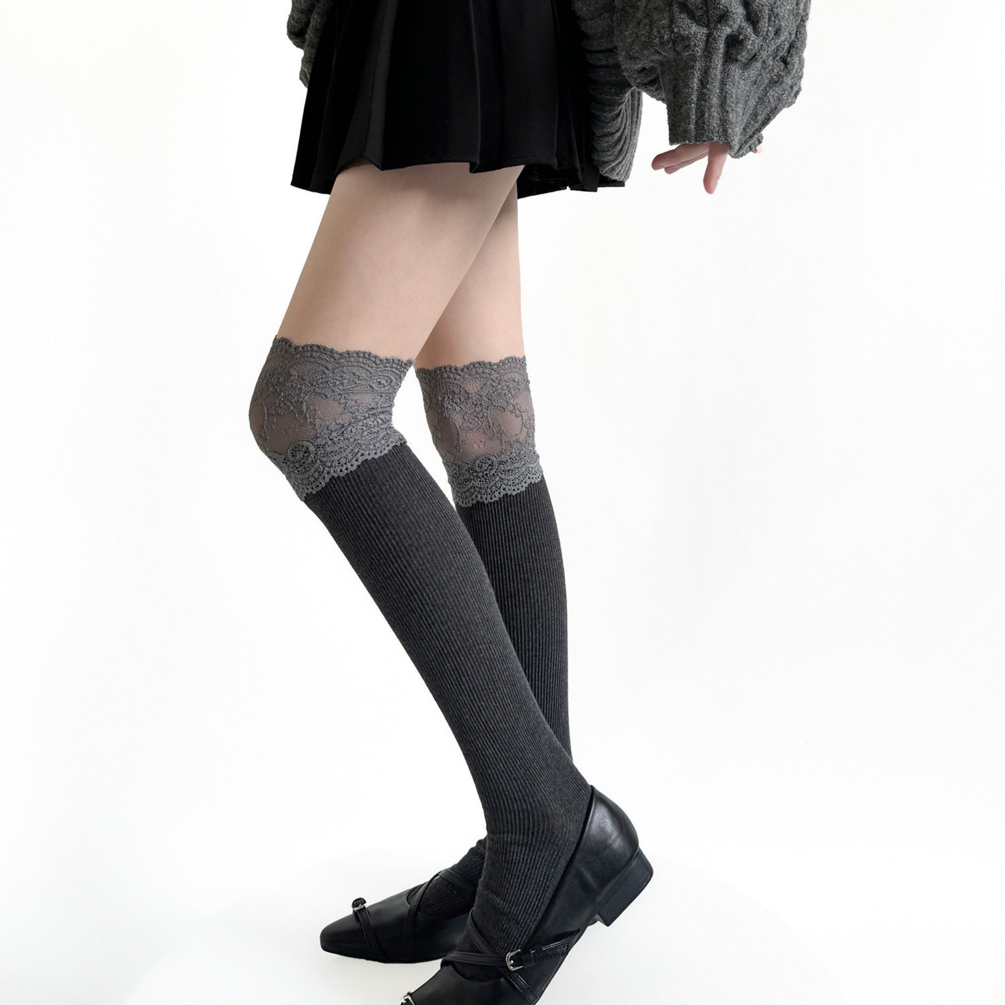 Anna-Kaci Women's Over-the-Knee Ribbed Knit Socks with Lace Trim Detail and Stretch Fit