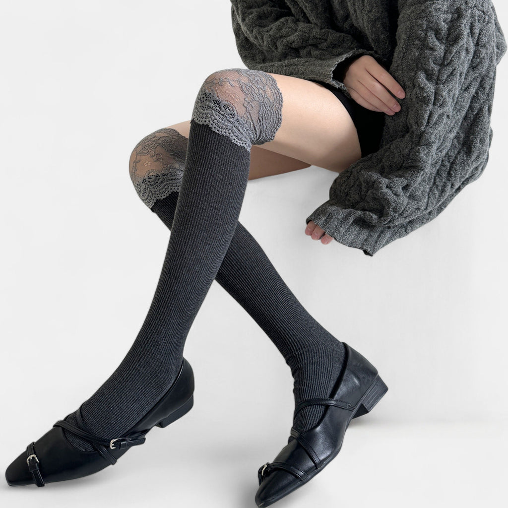 Anna-Kaci Women's Over-the-Knee Ribbed Knit Socks with Lace Trim Detail and Stretch Fit