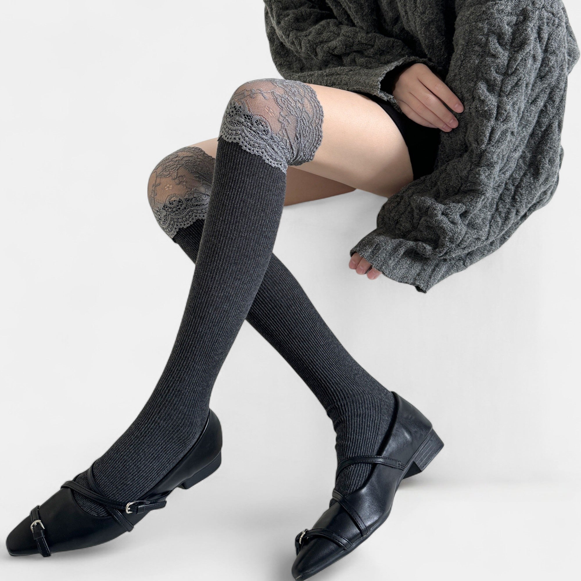 Anna-Kaci Women's Over-the-Knee Ribbed Knit Socks with Lace Trim Detail and Stretch Fit