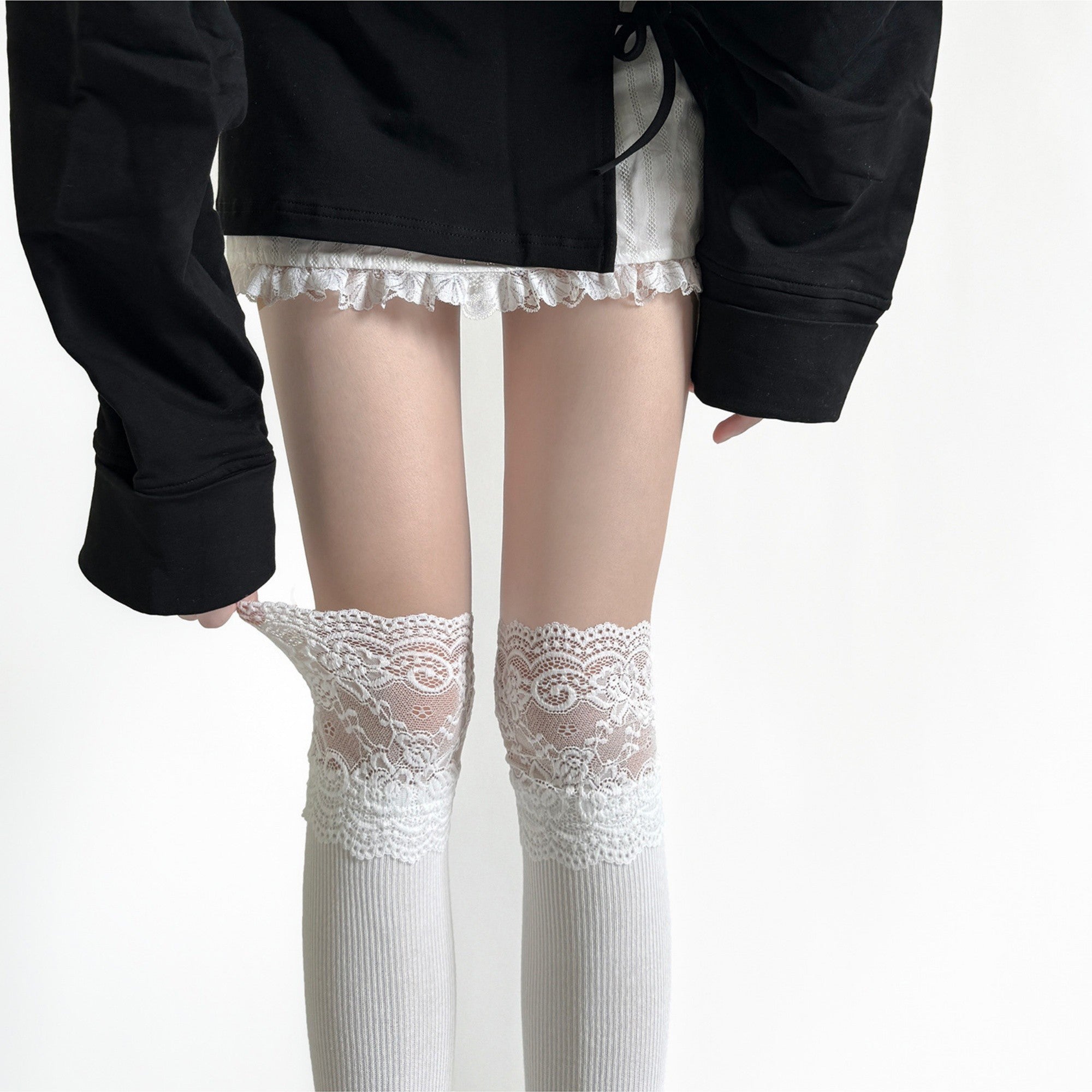 Anna-Kaci Women's Over-the-Knee Ribbed Knit Socks with Lace Trim Detail and Stretch Fit