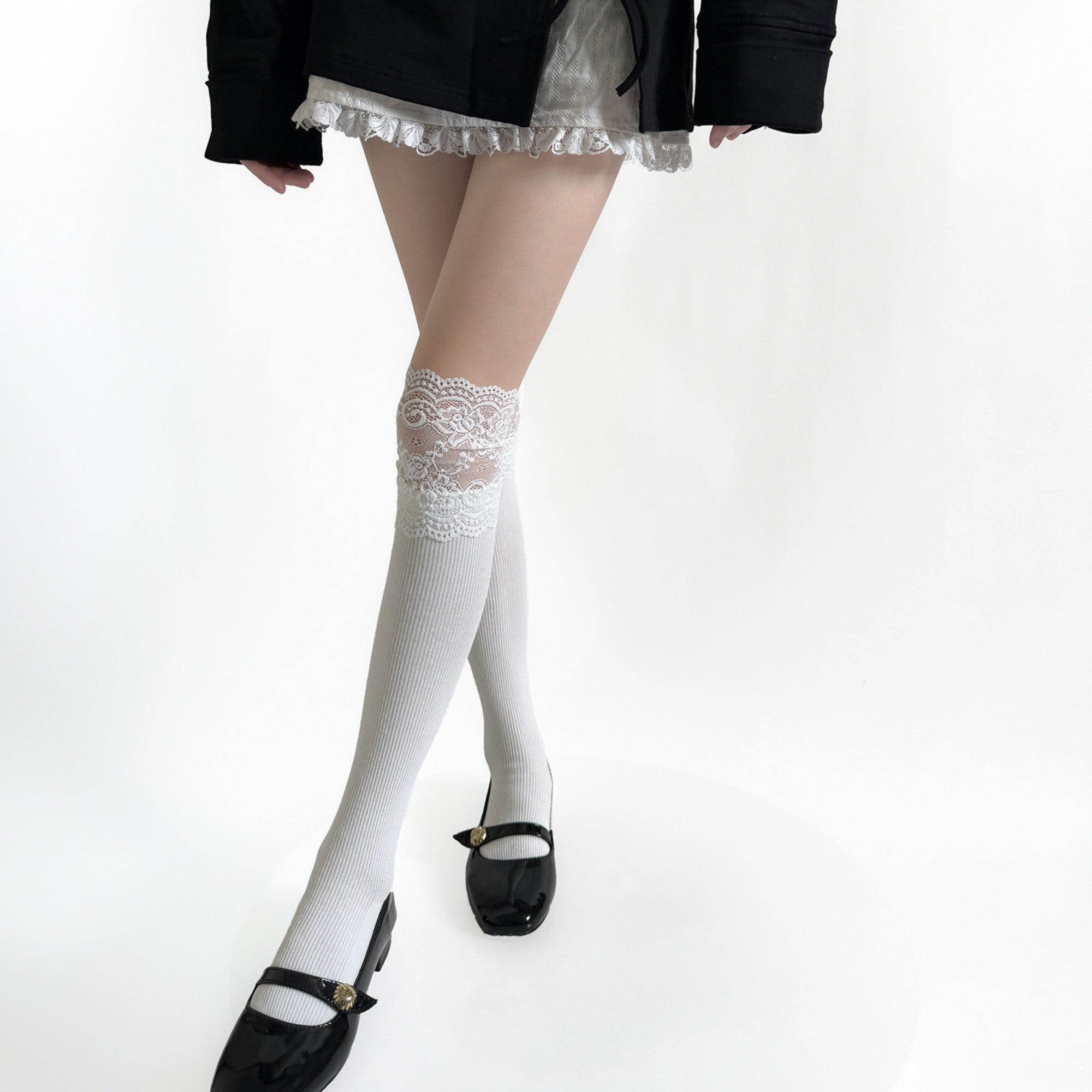 Anna-Kaci Women's Over-the-Knee Ribbed Knit Socks with Lace Trim Detail and Stretch Fit