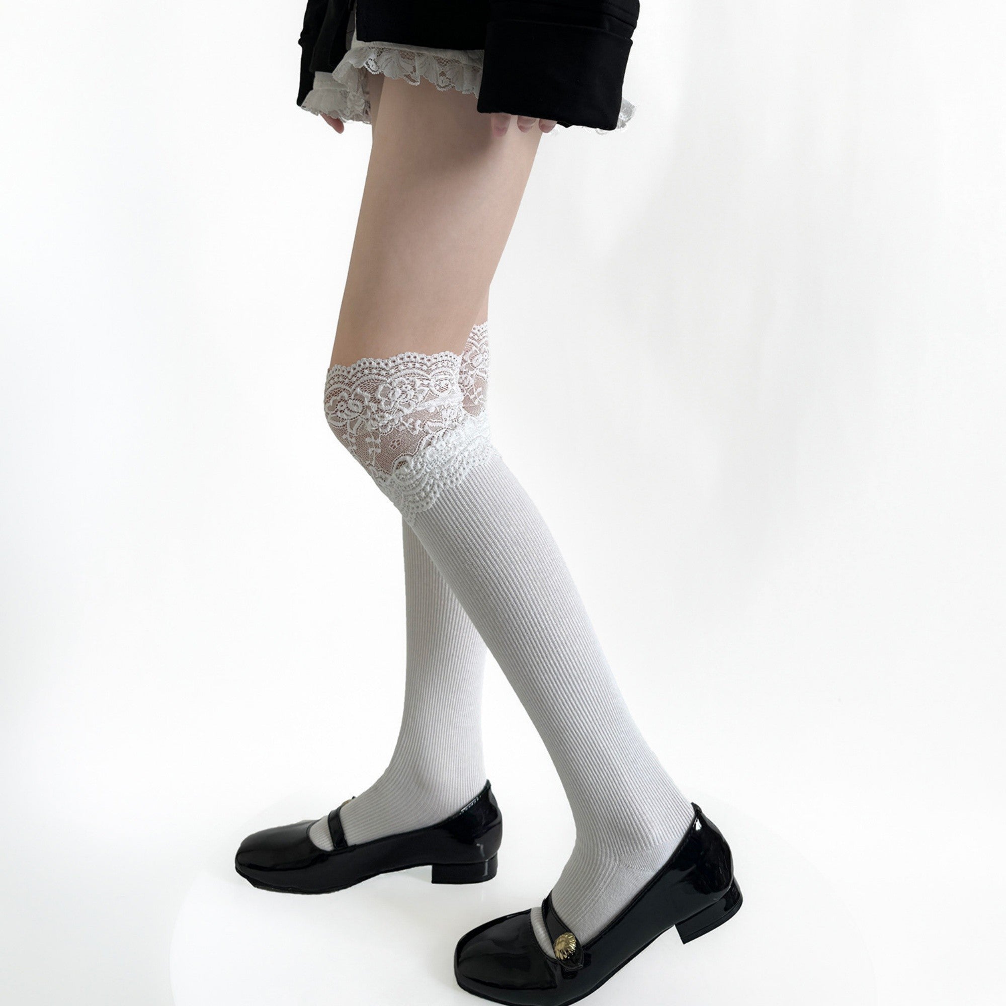 Anna-Kaci Women's Over-the-Knee Ribbed Knit Socks with Lace Trim Detail and Stretch Fit