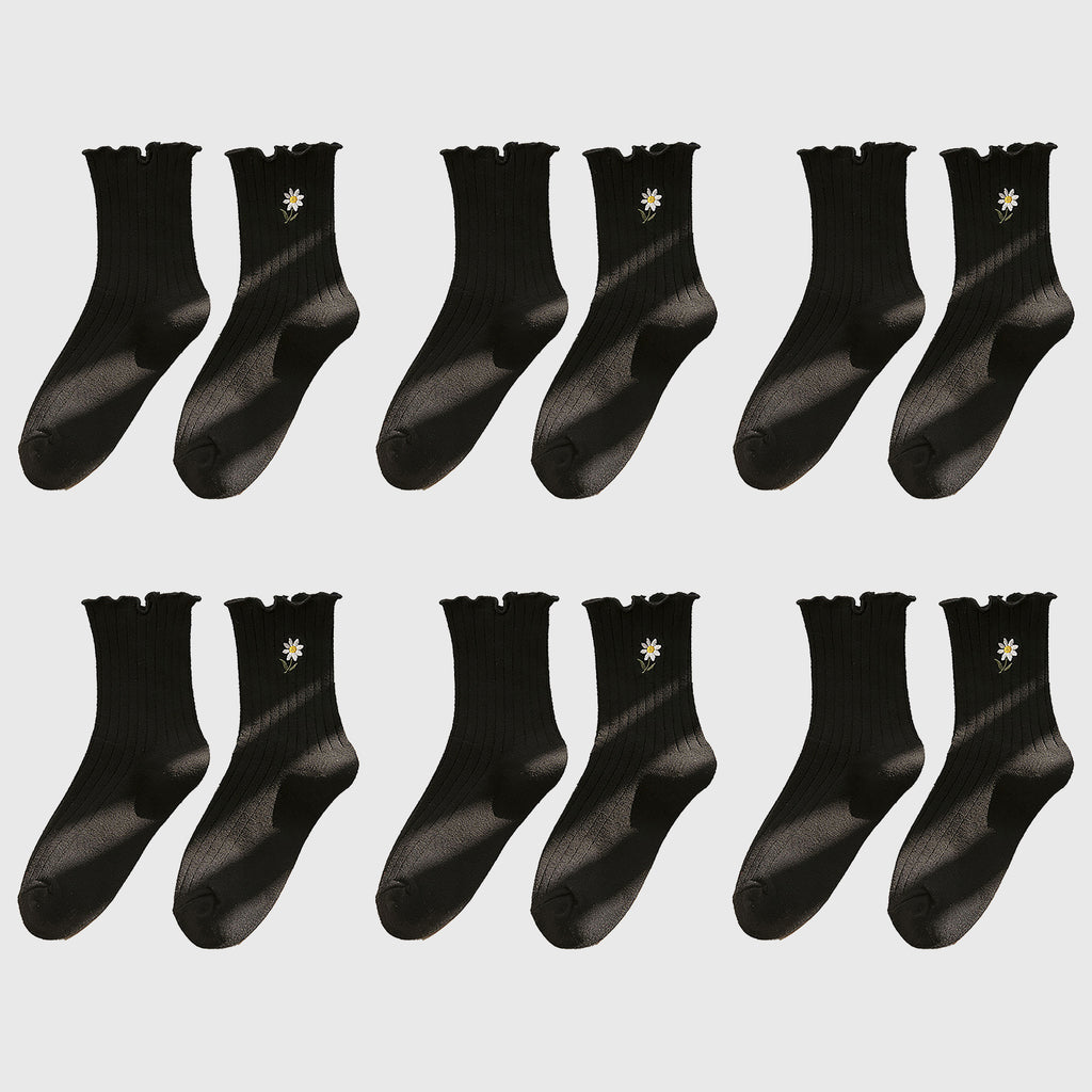 Anna-Kaci Women's 6pk Mustard Crew Socks with Ruffled Cuff and Daisy Embroidery