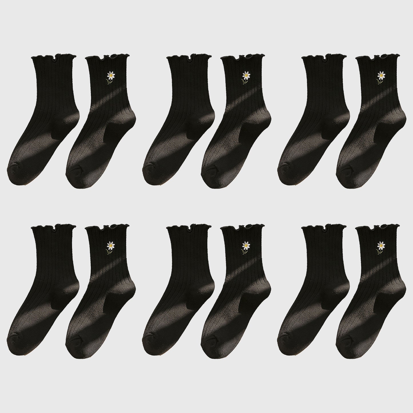 Anna-Kaci Women's 6pk Mustard Crew Socks with Ruffled Cuff and Daisy Embroidery