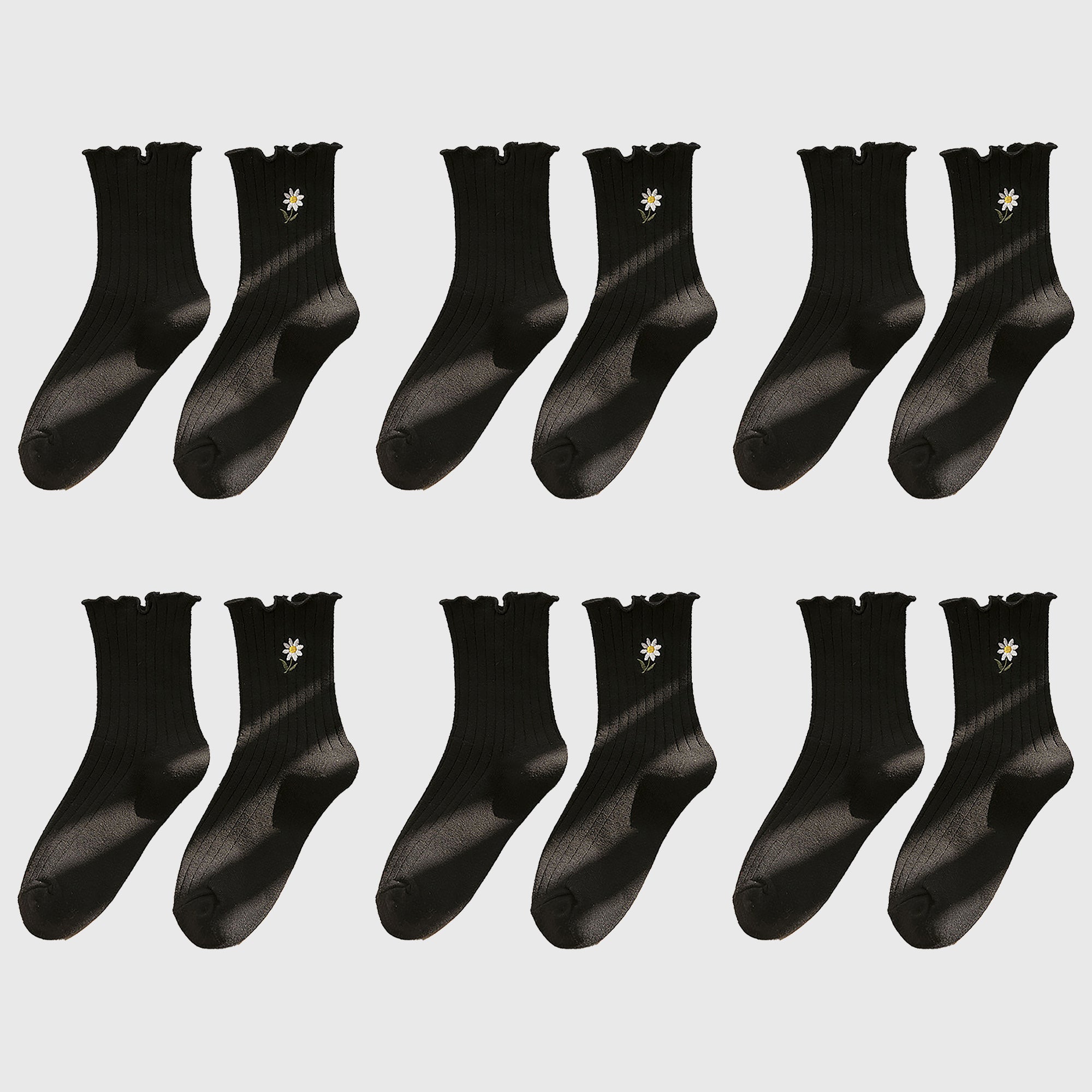 Anna-Kaci Women's 6pk Mustard Crew Socks with Ruffled Cuff and Daisy Embroidery
