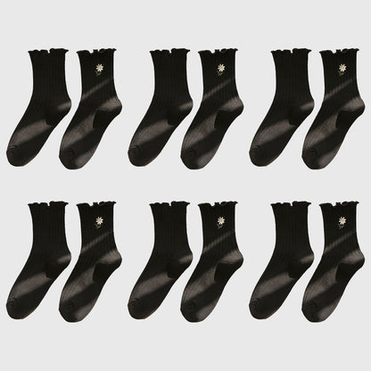 Anna-Kaci Women's 6pk Mustard Crew Socks with Ruffled Cuff and Daisy Embroidery