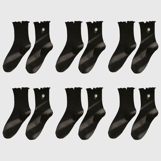 Anna-Kaci Women's 6pk Mustard Crew Socks with Ruffled Cuff and Daisy Embroidery