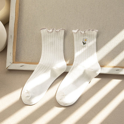 Anna-Kaci Women's 6pk Mustard Crew Socks with Ruffled Cuff and Daisy Embroidery