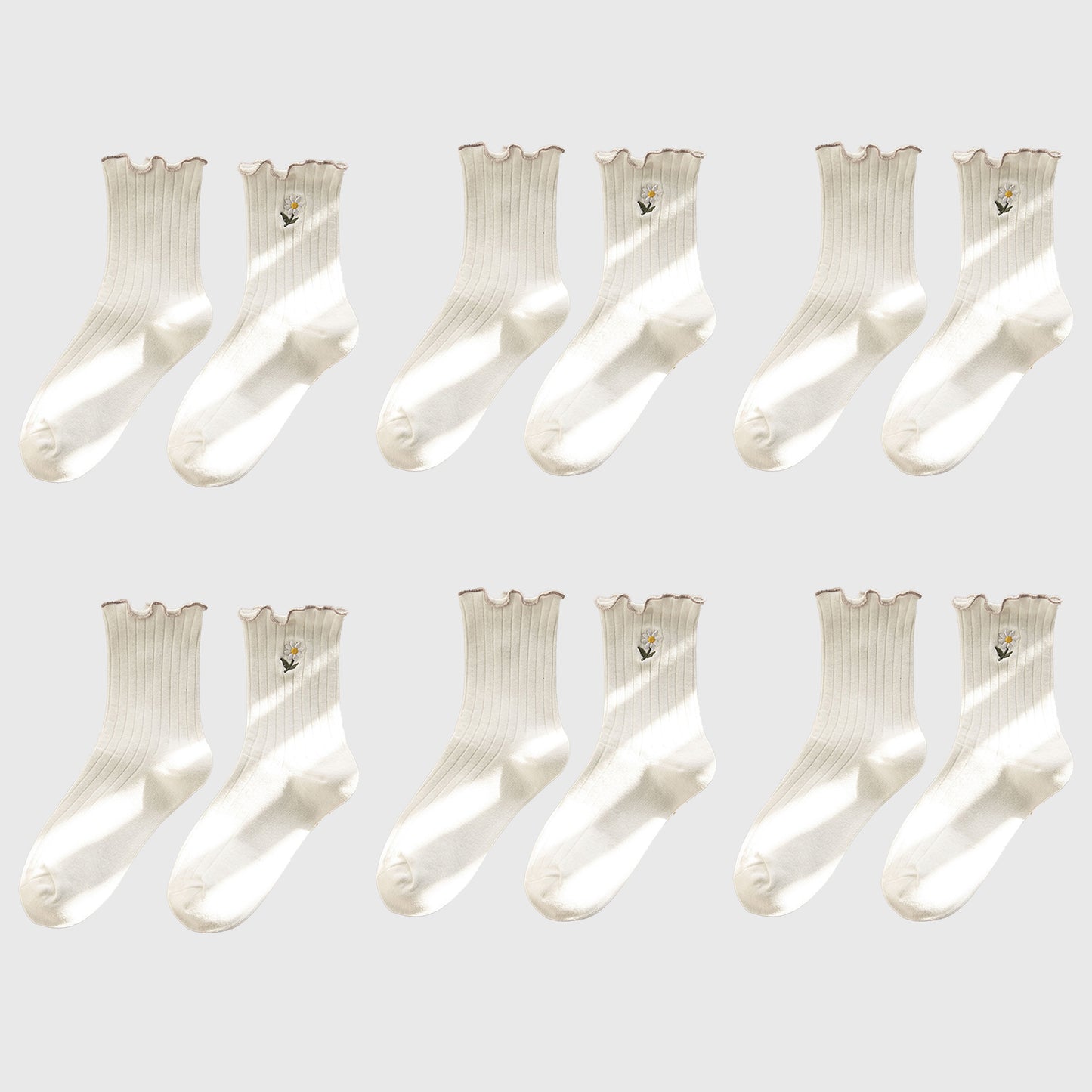 Anna-Kaci Women's 6pk Mustard Crew Socks with Ruffled Cuff and Daisy Embroidery