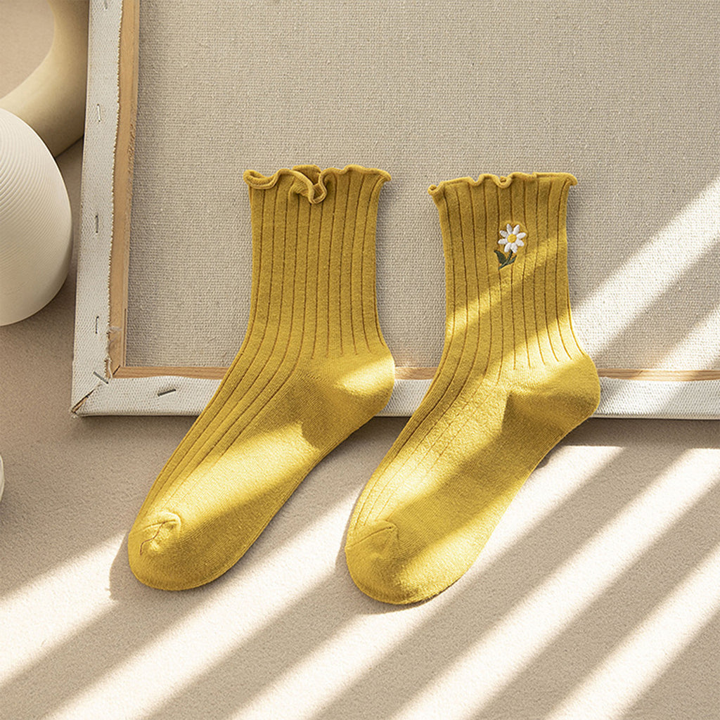 Anna-Kaci Women's 6pk Mustard Crew Socks with Ruffled Cuff and Daisy Embroidery