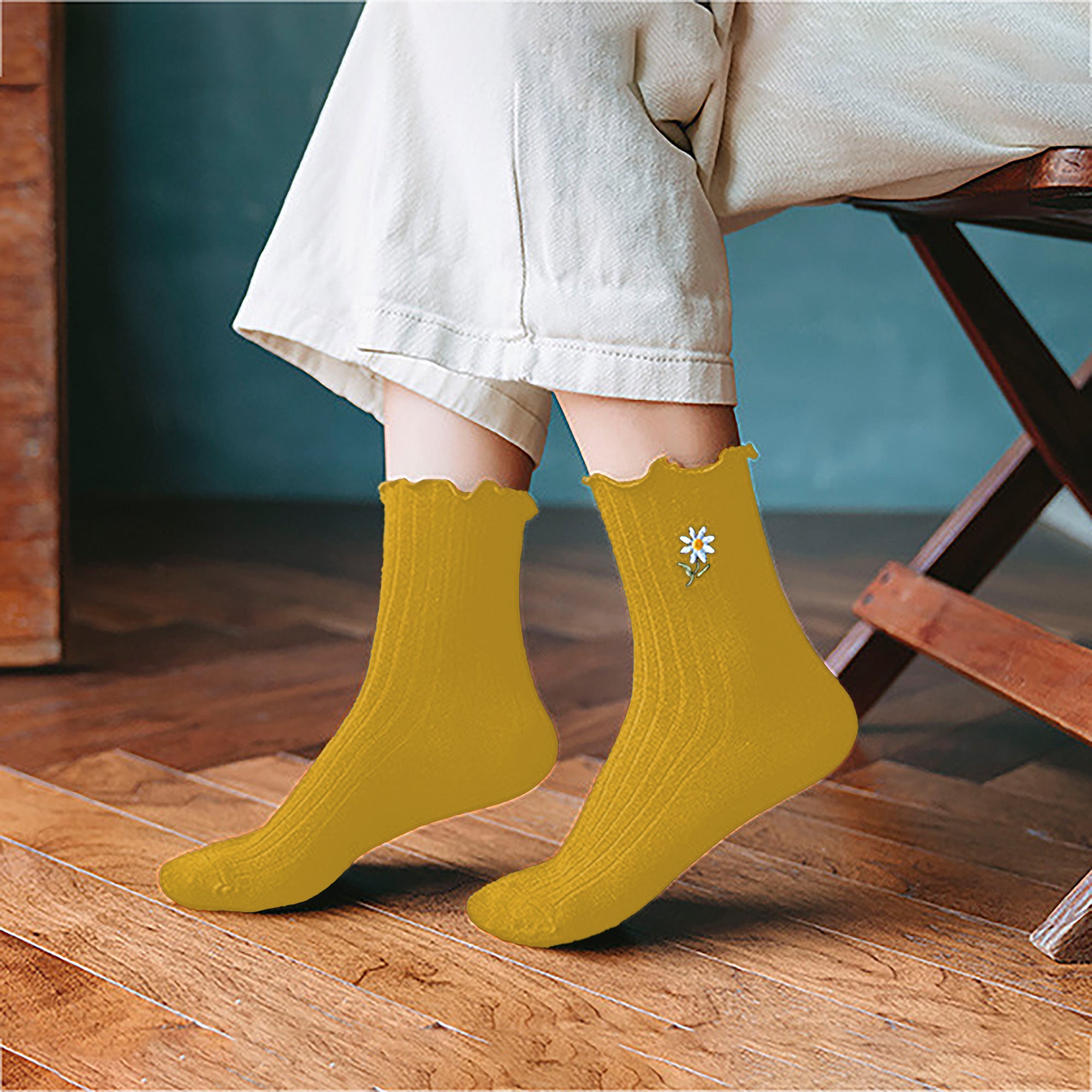 Anna-Kaci Women's 6pk Mustard Crew Socks with Ruffled Cuff and Daisy Embroidery