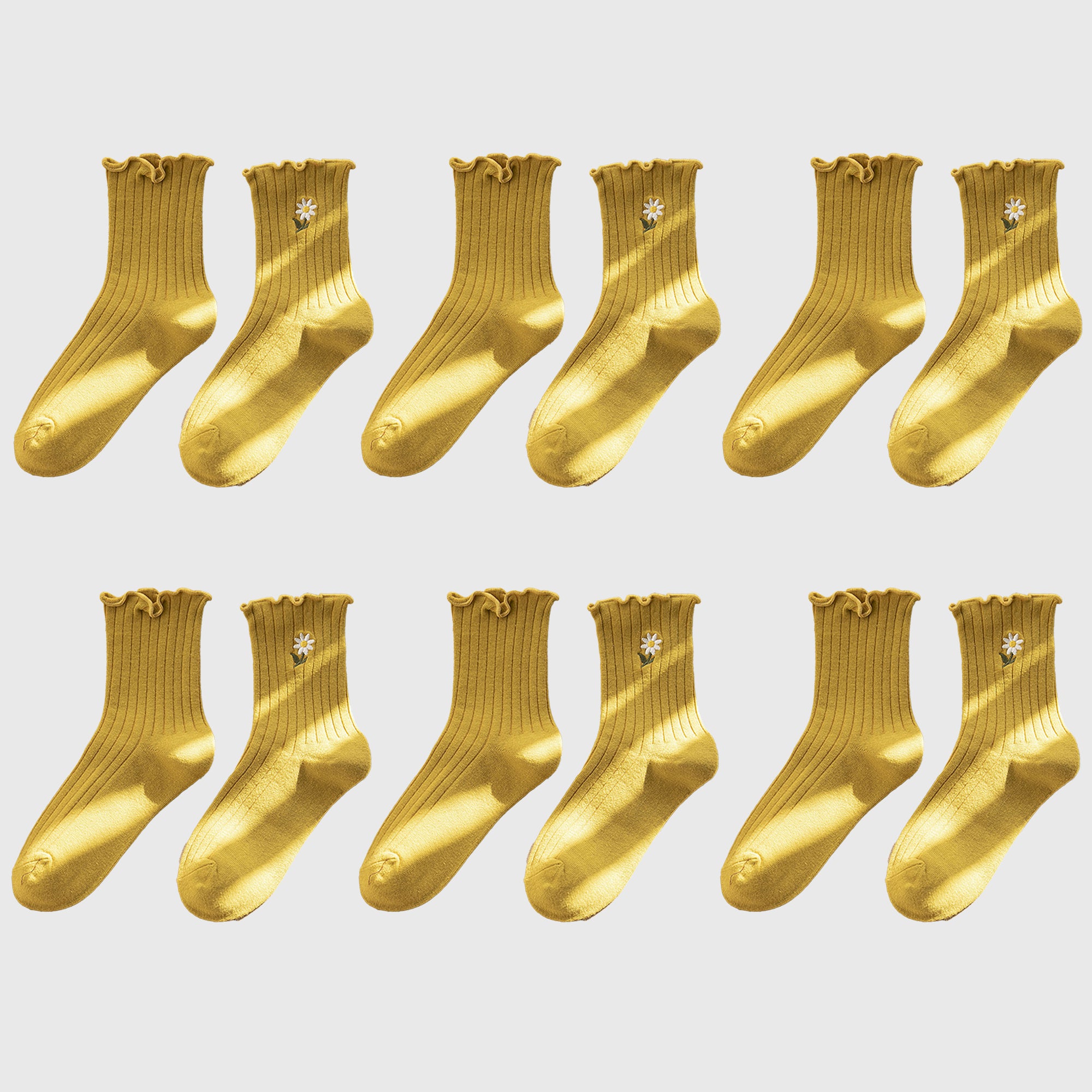 Anna-Kaci Women's 6pk Mustard Crew Socks with Ruffled Cuff and Daisy Embroidery
