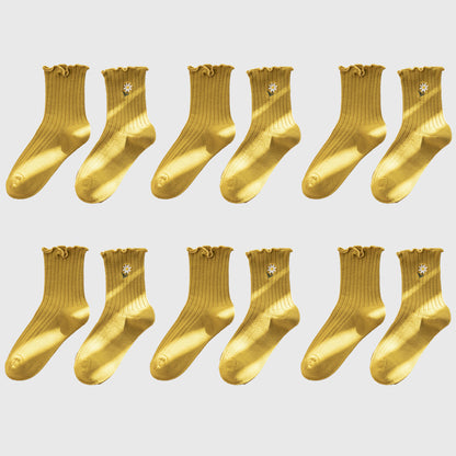 Anna-Kaci Women's 6pk Mustard Crew Socks with Ruffled Cuff and Daisy Embroidery