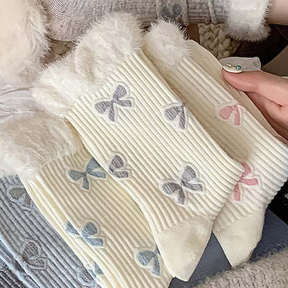 Anna-Kaci Women's 6-Pair Bow Pattern Crew Socks with Fuzzy Ruffled Cuff