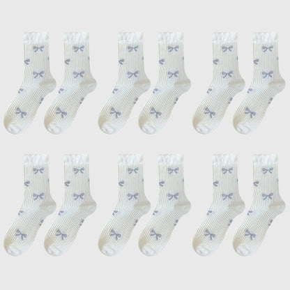 Anna-Kaci Women's 6-Pair Bow Pattern Crew Socks with Fuzzy Ruffled Cuff