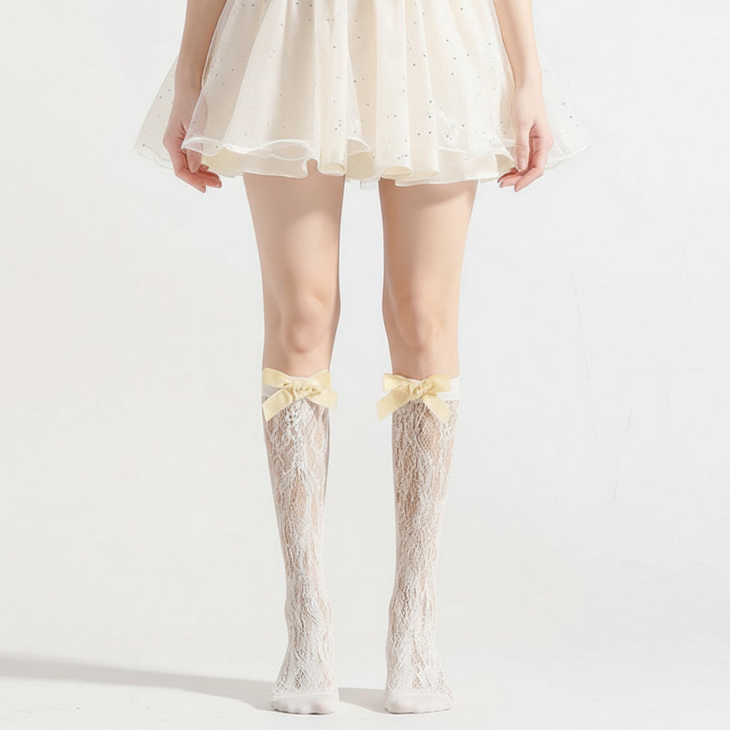 Anna-Kaci Women's 3-Piece Set Knee-High Lace Socks with Bow Accent Detail