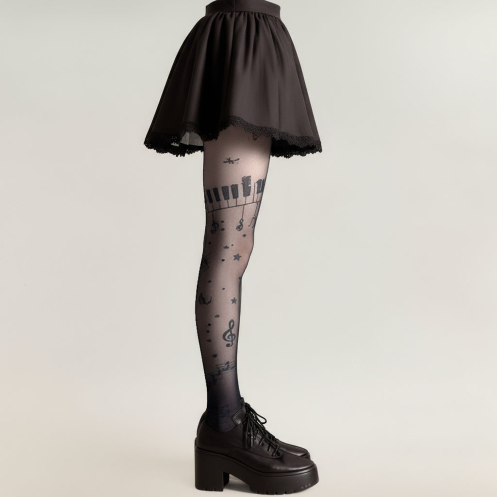 Anna-Kaci Women's Sheer Tights with Musical Note and Piano Pattern Design