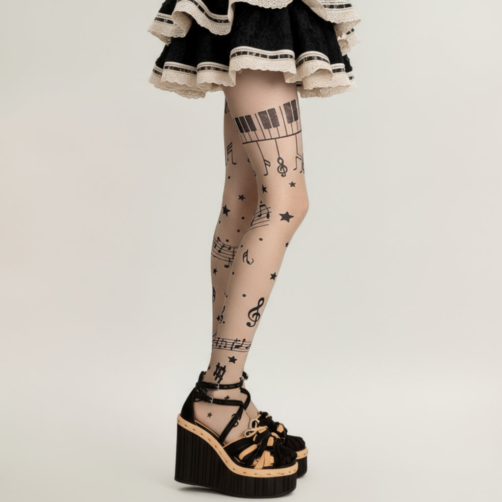 Anna-Kaci Women's Sheer Tights with Musical Note and Piano Pattern Design