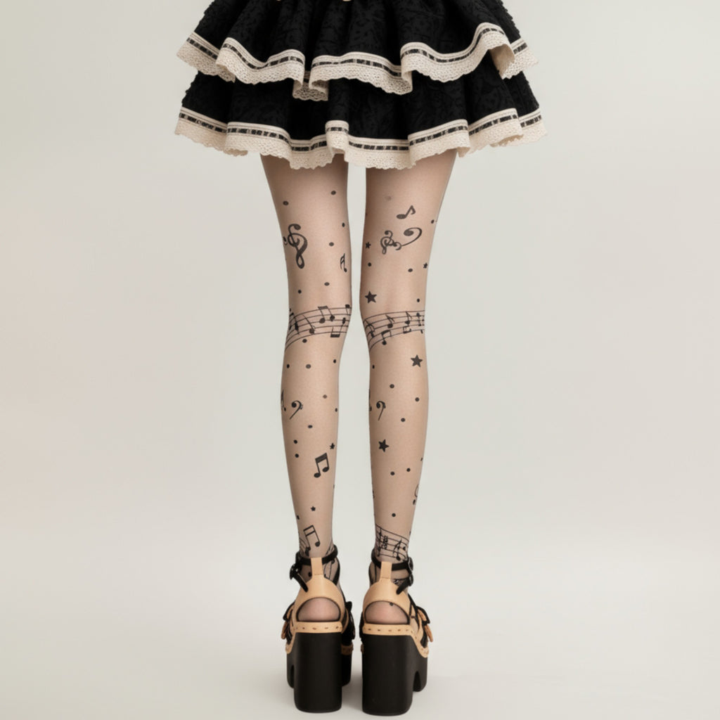 Anna-Kaci Women's Sheer Tights with Musical Note and Piano Pattern Design