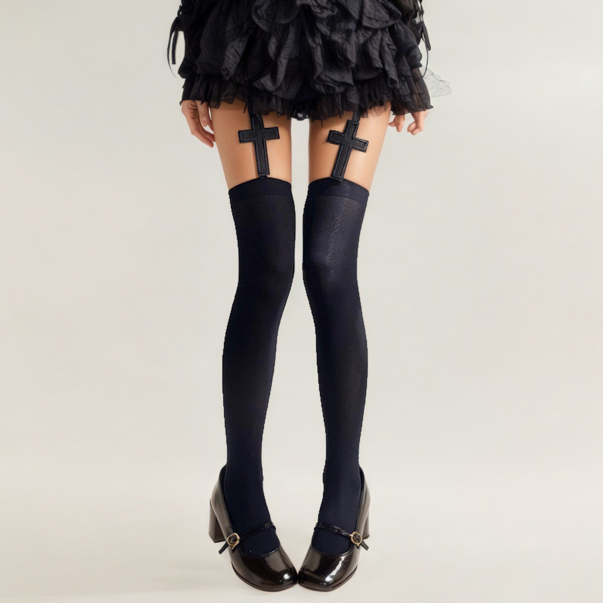 Anna-Kaci Women's 3-Piece Set Over-the-Knee Stockings with Cross Detail