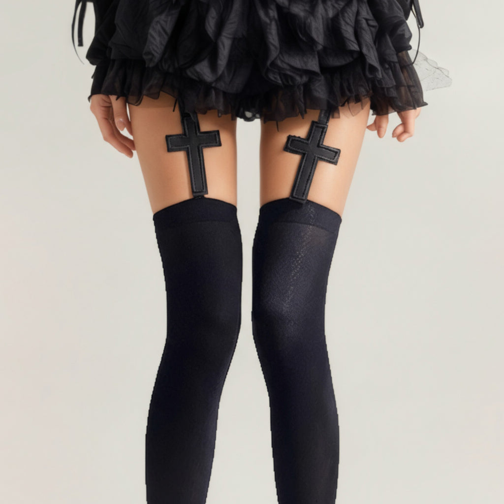 Anna-Kaci Women's 3-Piece Set Over-the-Knee Stockings with Cross Detail