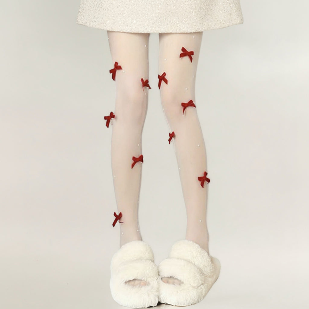 Anna-Kaci Women's Sheer Tights with Velvet Bow and Pearl Accent Details