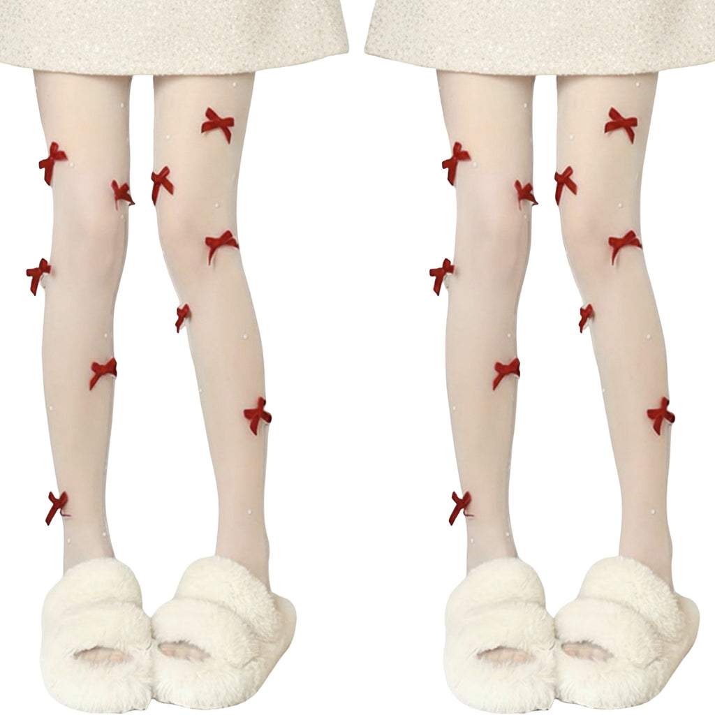 Anna-Kaci 2pcs Women's Sheer Tights with Velvet Bow and Pearl Accent Details