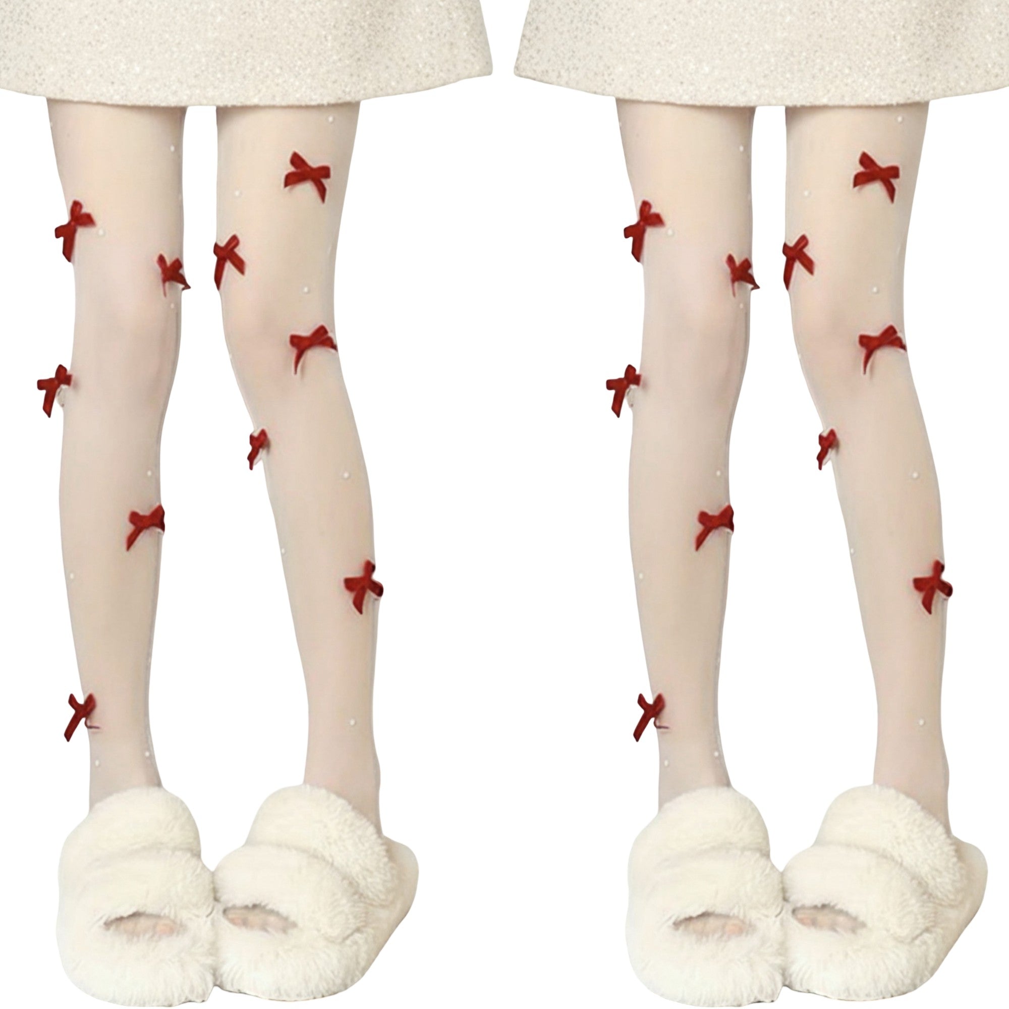 Anna-Kaci 2pcs Women's Sheer Tights with Velvet Bow and Pearl Accent Details