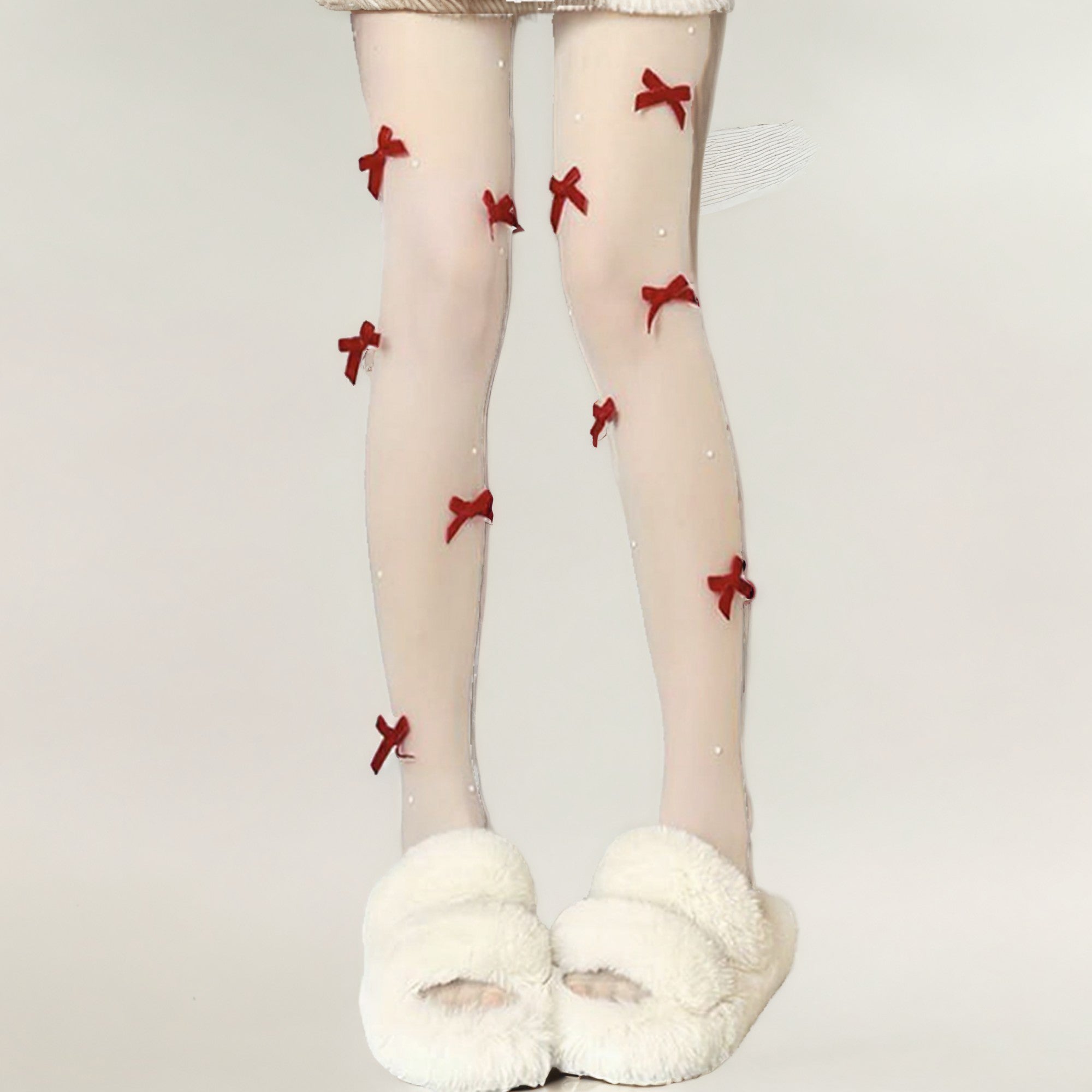 Anna-Kaci Women's Sheer Tights with Velvet Bow and Pearl Accent Details