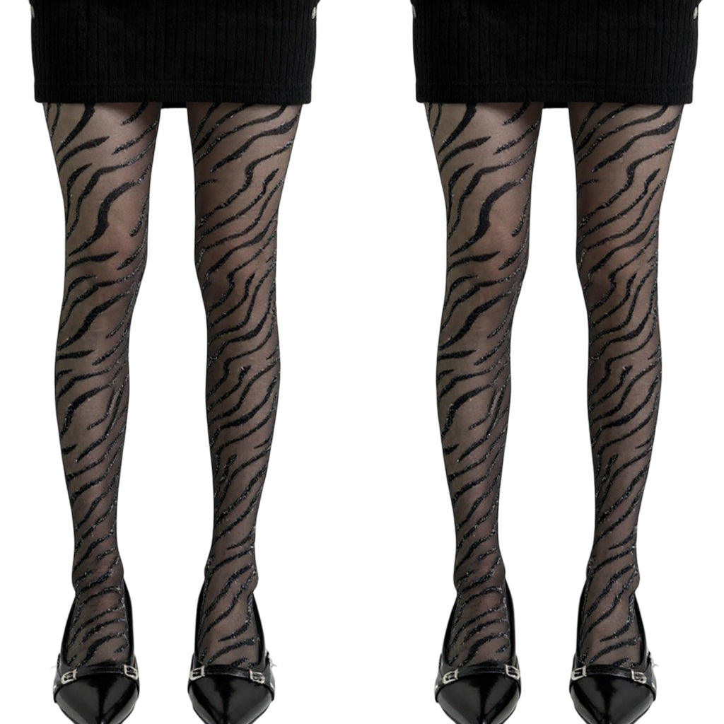 Anna-Kaci 2pcs Women's Sheer Tights with Sparkly Zebra Stripe Pattern