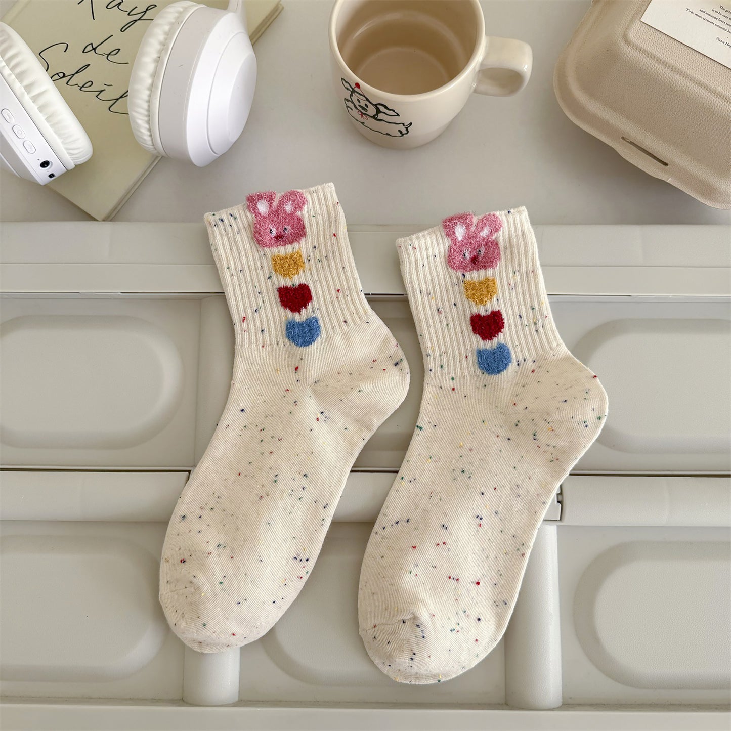 Anna-Kaci Women's 6pk Speckled Socks with Bunny Embroidery - Cute & Comfortable Mid-Calf Socks for Casual Wear