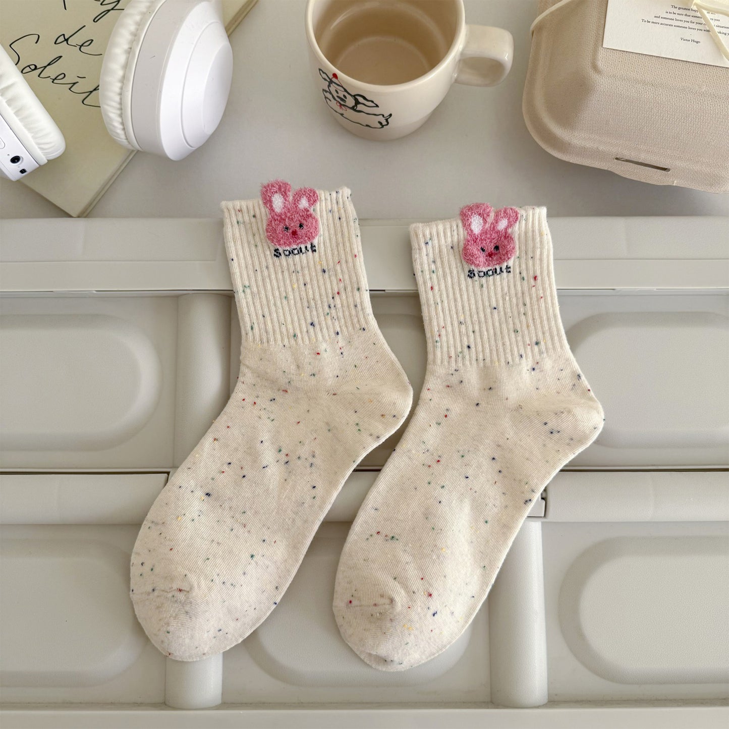 Anna-Kaci Women's 6pk Speckled Socks with Bunny Embroidery - Cute & Comfortable Mid-Calf Socks for Casual Wear