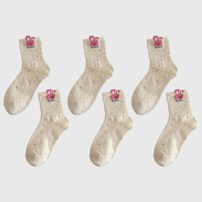 Anna-Kaci Women's 6pk Speckled Socks with Bunny Embroidery - Cute & Comfortable Mid-Calf Socks for Casual Wear