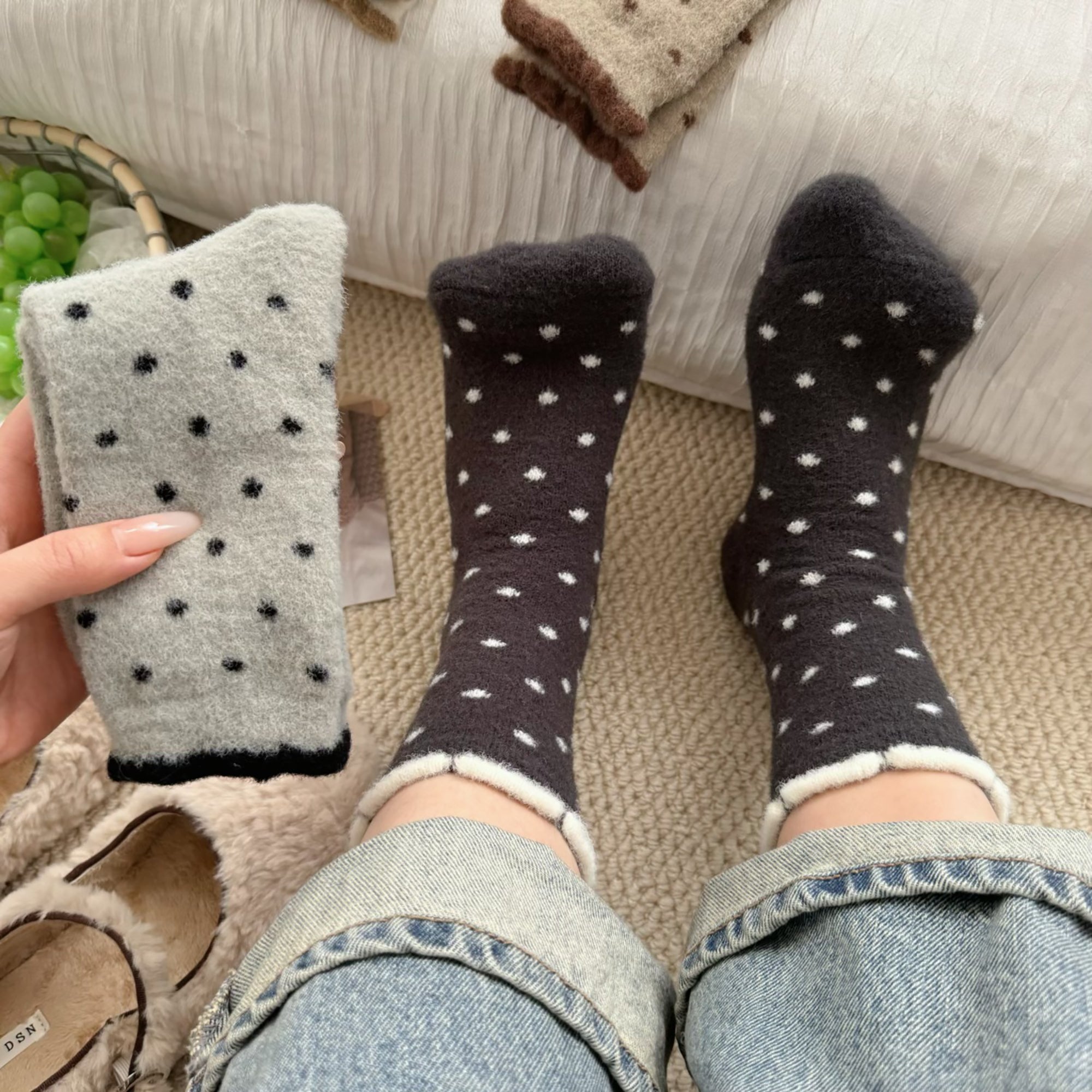 Anna-Kaci Women's 6pk Cozy Polka Dot Fuzzy Socks - Warm & Stylish Mid-Calf Socks for Winter Comfort
