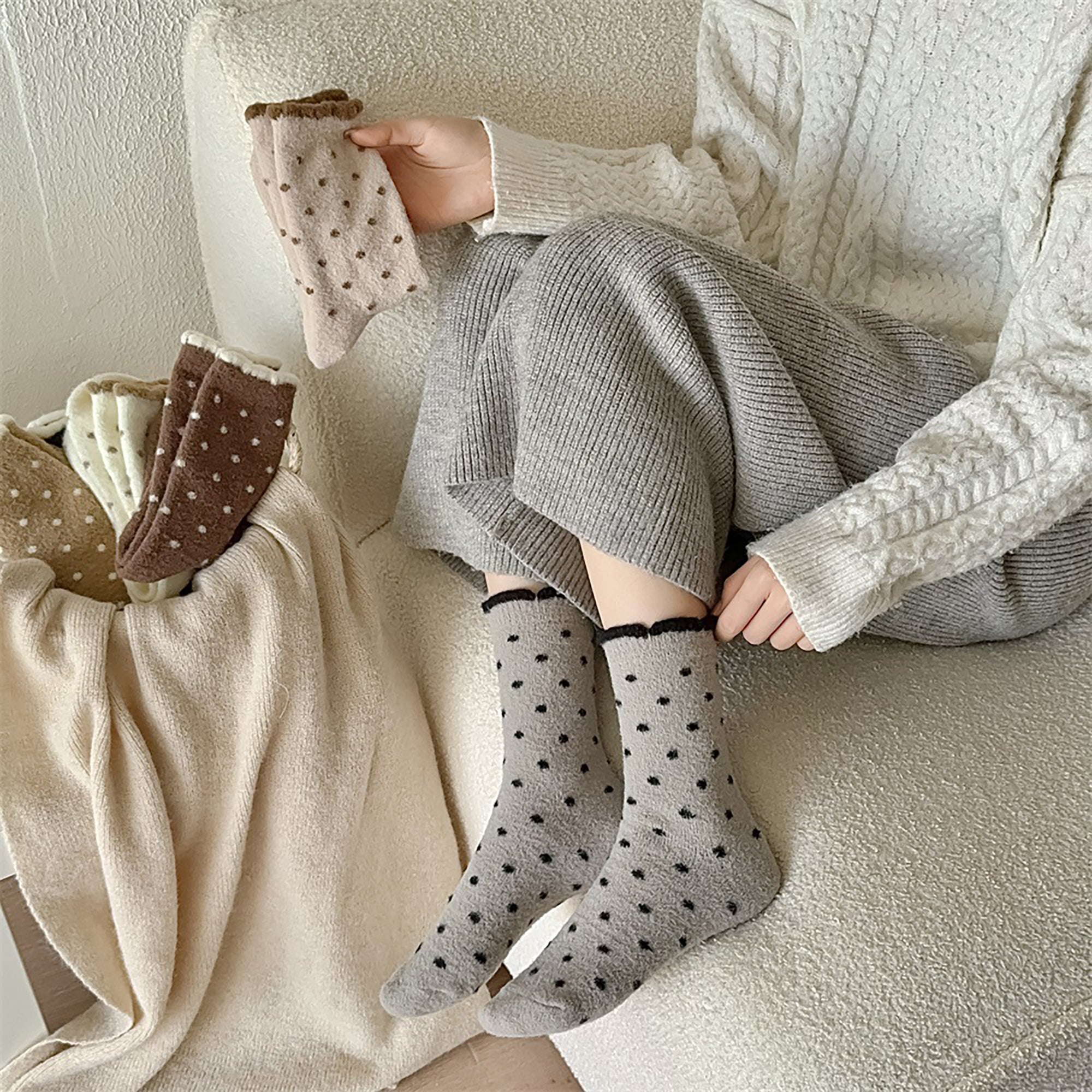 Anna-Kaci Women's 6pk Cozy Polka Dot Fuzzy Socks - Warm & Stylish Mid-Calf Socks for Winter Comfort